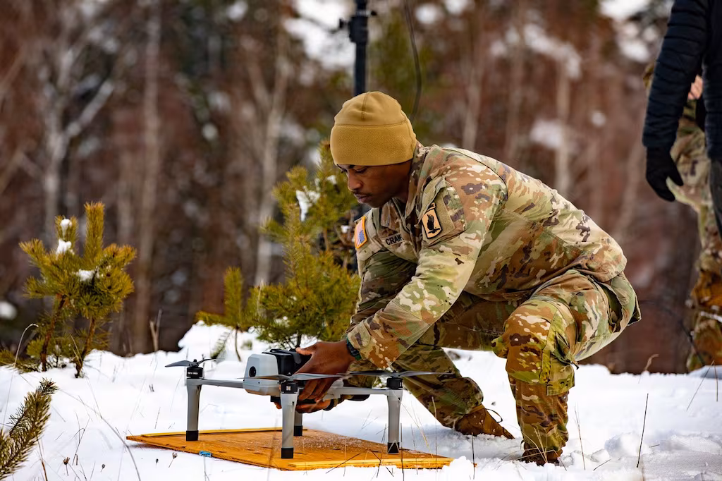 U.S. Soldiers prepare for an familiarization flight using a Bumblebee Quadcopter, Jan. 28. 2026. (Spc. Adrian Greenwood/Army)